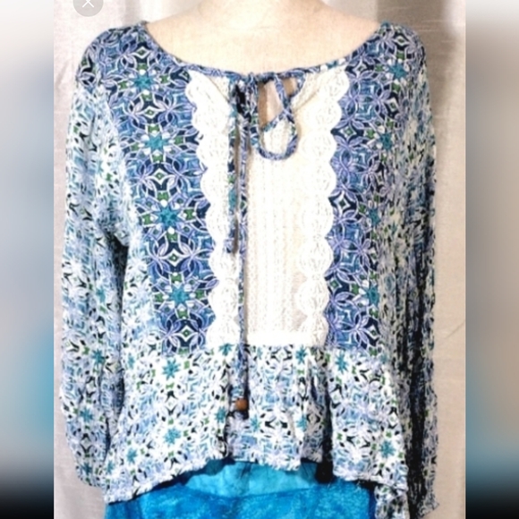 Angie Tops - Angie Crop Asymmetrical Blouse, Bell 3/4 Sleeves, Lace,Tie, Paisley Blue+White,M